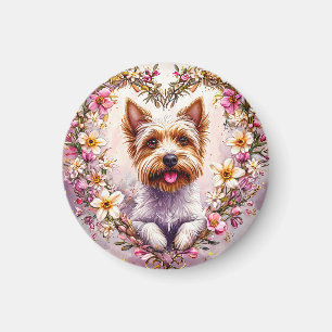 Imán Adorable Yorkie rodeado de corona floral