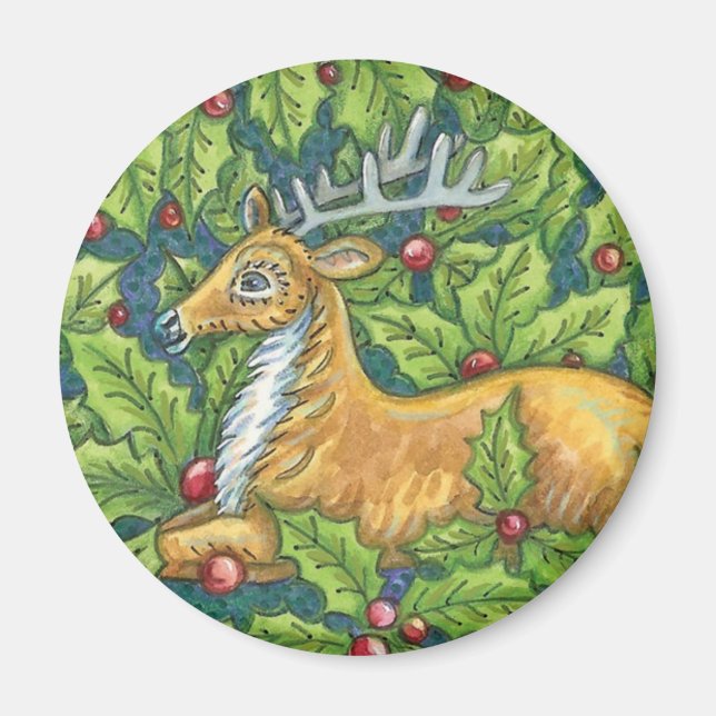 Imán Adorables renos de Navidad en el bosque con acebo (Frente)
