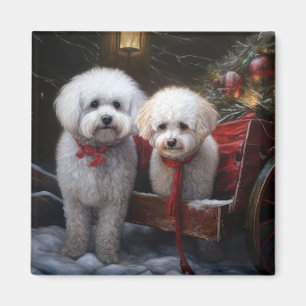 Imán Adorno de Navidad de Trineo Nevado con Bichon Fris