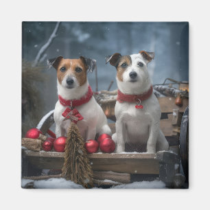 Imán Adorno de Navidad de Trineo Nevado Jack Russell