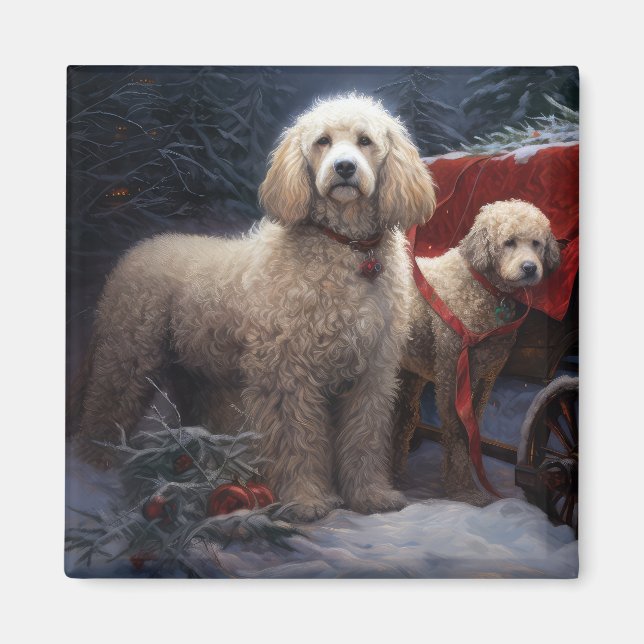 Imán Adorno de Navidad Trineo Nevado Caniche (Frente)