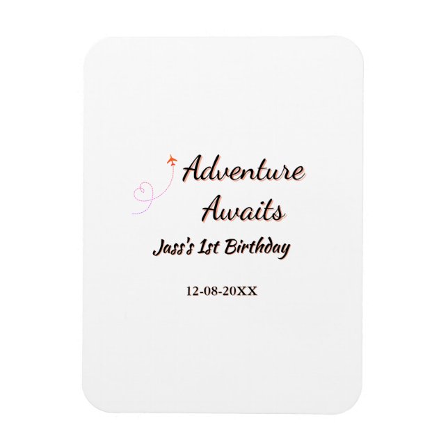 Imán Adventure awaits 1st birthday name date planeretro (Vertical)