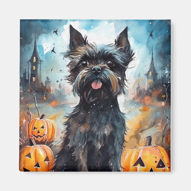 Imán Affenpinscher de Halloween con calabazas aterrador (Frente)
