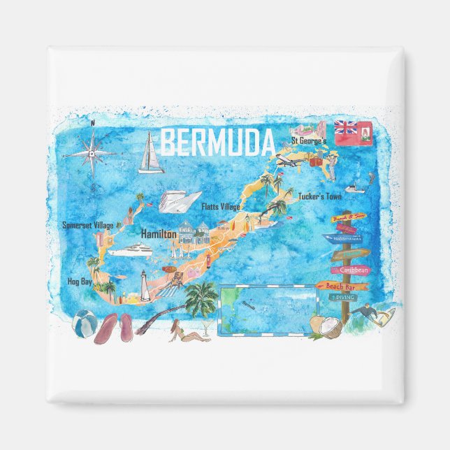 Imán Afiche de viaje de Isla Bermuda Mapa turístico fav (Frente)