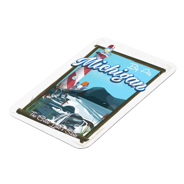 Imán Afiche de viaje del faro de Michigan. (Lado Izquierdo)