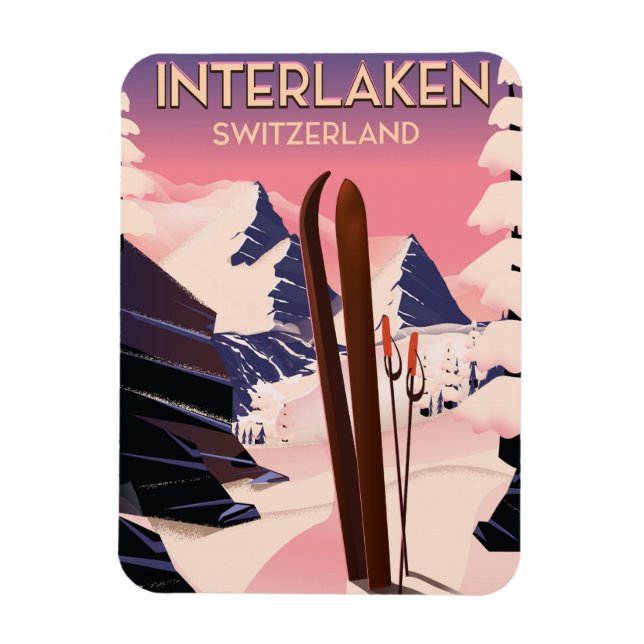 Imán Afiche de viaje en esquí de Suiza Interlaken. (Vertical)