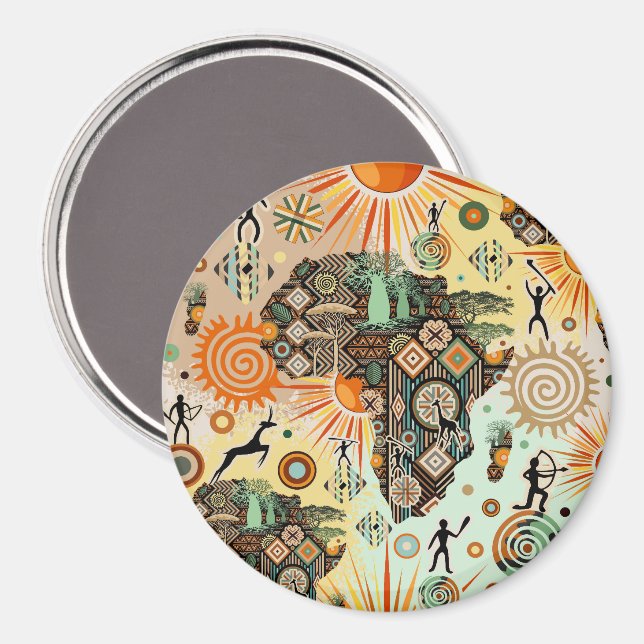 Imán Africa Map Decorative Tribal Elements Pattern (Anverso/Reverso)