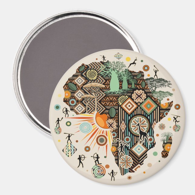 Imán Africa Map Decorative Tribal Elements Pattern (Anverso/Reverso)