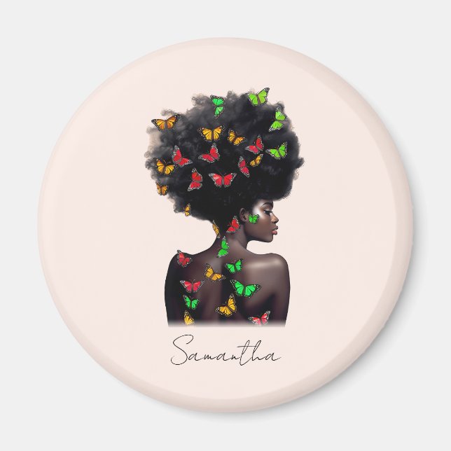 Imán Afroamericana con afro relleno de mariposa (Frente)