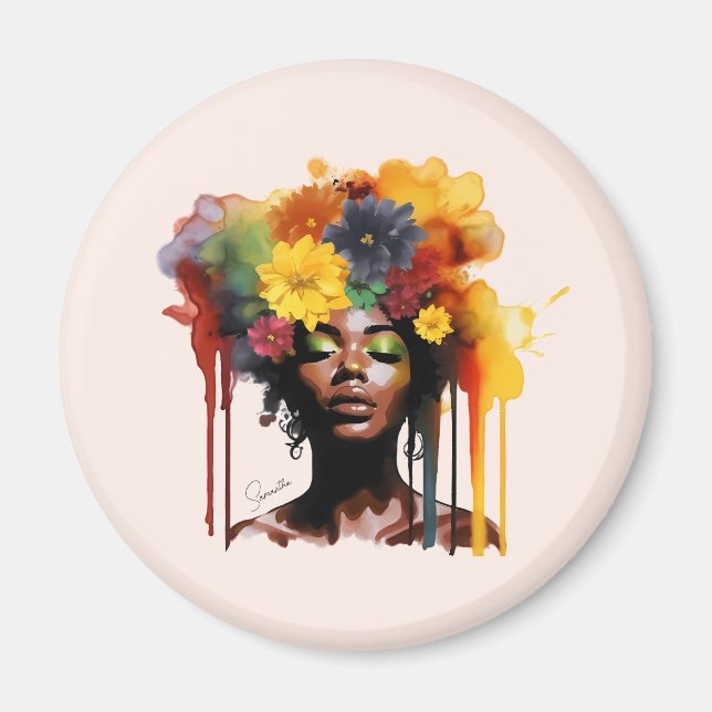 Imán Afroamericana con pelo floral afro (Frente)