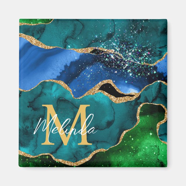 Imán Agante Purpurina de la imitación azul y verde del  (Frente)