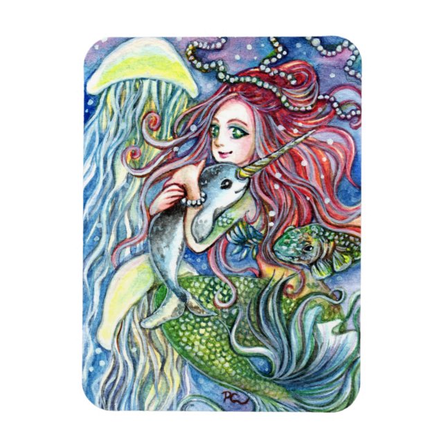 Imán Agarrando al bebé Narwhal - Arte de la sirena (Vertical)