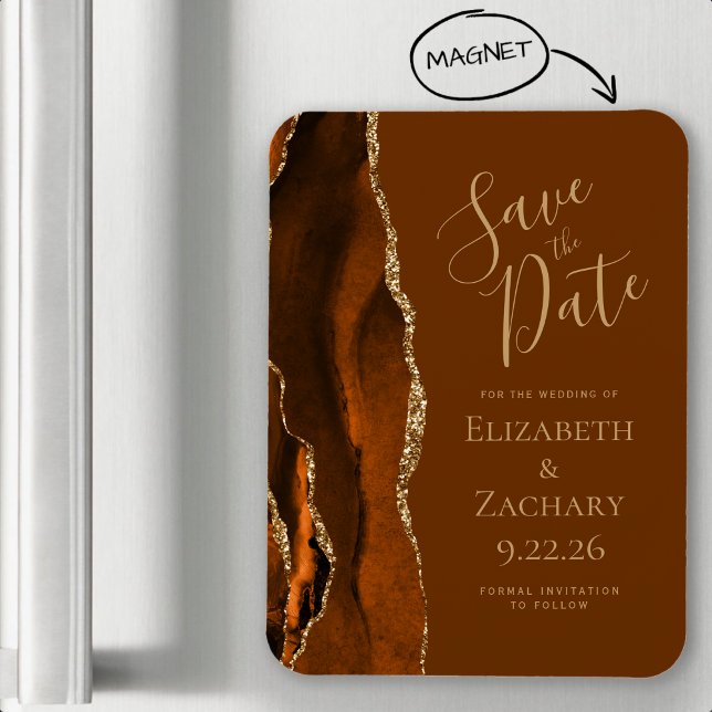 Imán Agate de oro Naranja quemado Brown Save the Date (Subido por el creador)