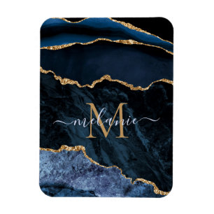 Imán Agate Navy Blue Gold Gemstone Marble Monograma