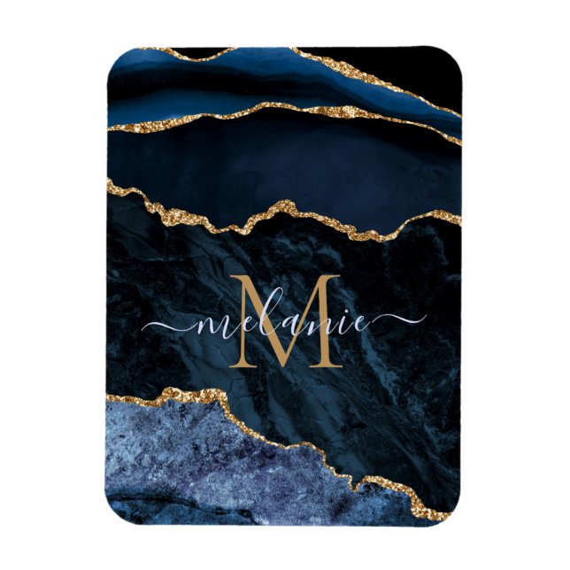 Imán Agate Navy Blue Gold Gemstone Marble Monograma (Vertical)