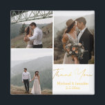 Imán agradecimiento, boda con letra dorada 3 fotos<br><div class="desc">elegante imán de agradecimiento de boda con caligrafía dorada y tres fotos en collage.</div>