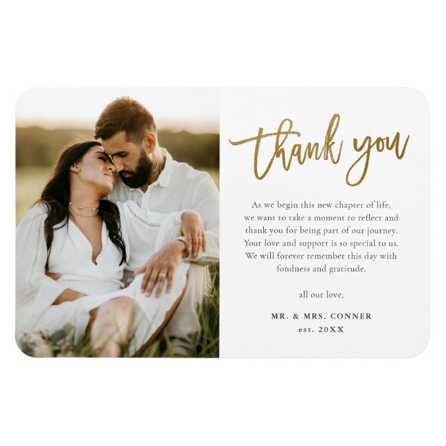 Imán Agradecimiento de boda con foto y letra dorada mod (Horizontal)