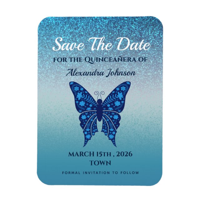 Imán Ahorra la fecha de Quinceañera con brillo azul (Vertical)
