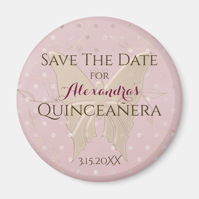 Imán Ahorra la Fecha Quinceañera de Oro Rosa (Frente)