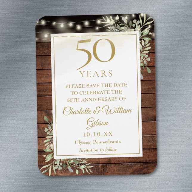 Imán Ahorro de fecha de aniversario número 50 rústico d (50th Anniversary Rustic Wood Save The Date Magnet)