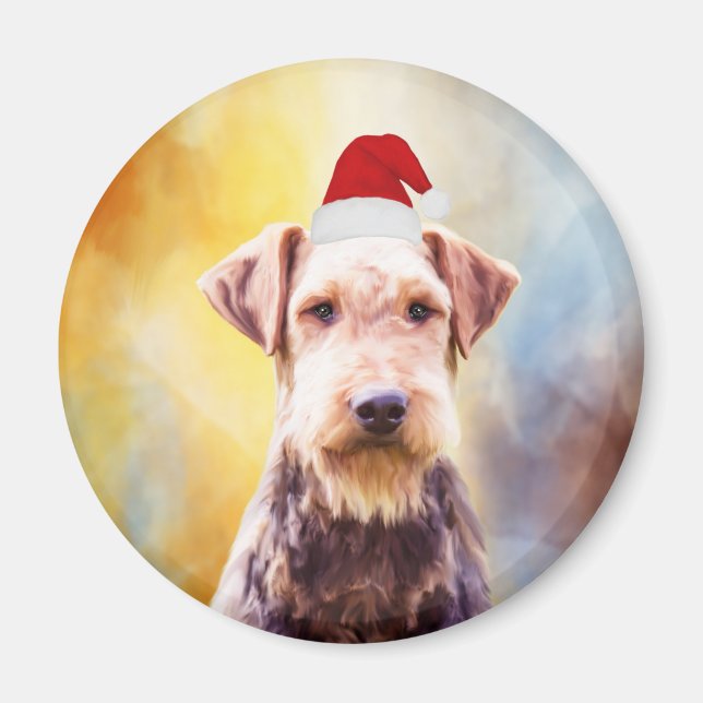 Imán Airedale Dog Navidades Retrato de arte de Santa Ha (Frente)
