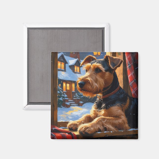Imán Airedale Terrier Con Luces De Navidad Fiesta  (Anverso/Reverso)