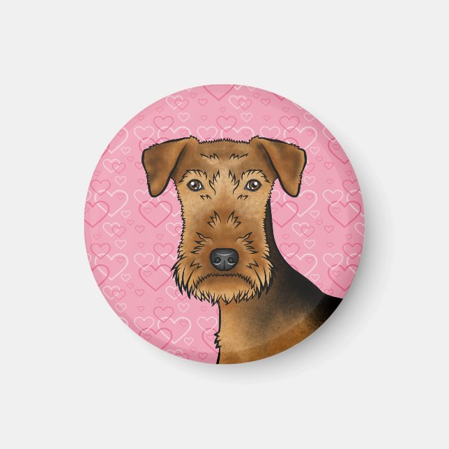Imán Airedale Terrier Cute Dog Head On Pink Hearts (Frente)