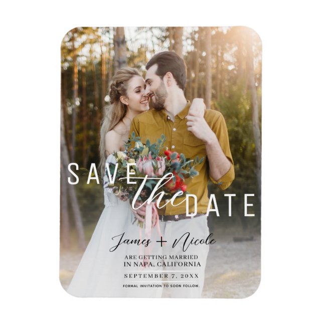 Imán Airy White Overlay Photo Save the Date Boda (Vertical)