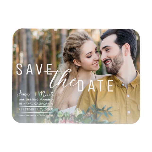 Imán Airy White Overlay Photo Save the Date Boda (Horizontal)