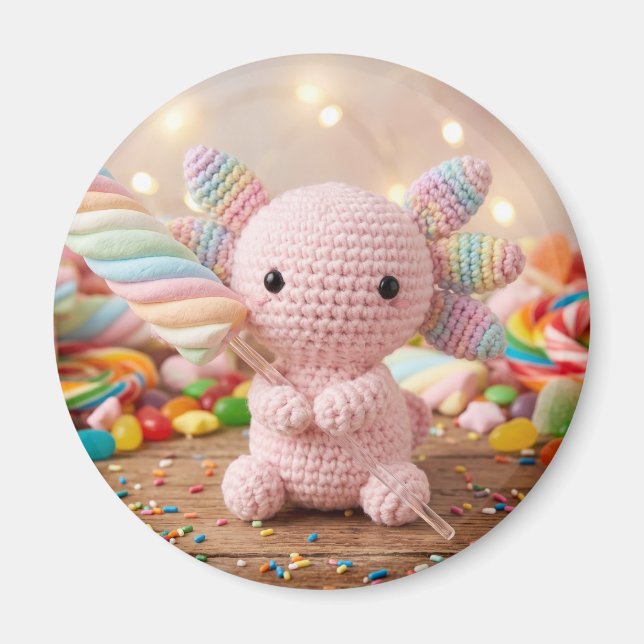 Imán Ajolote Rosa Crochetado Caramelo Pastel  (Frente)