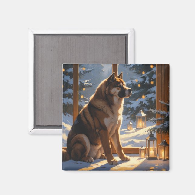 Imán Akita Americano con Luces de Navidad Fiesta (Anverso/Reverso)