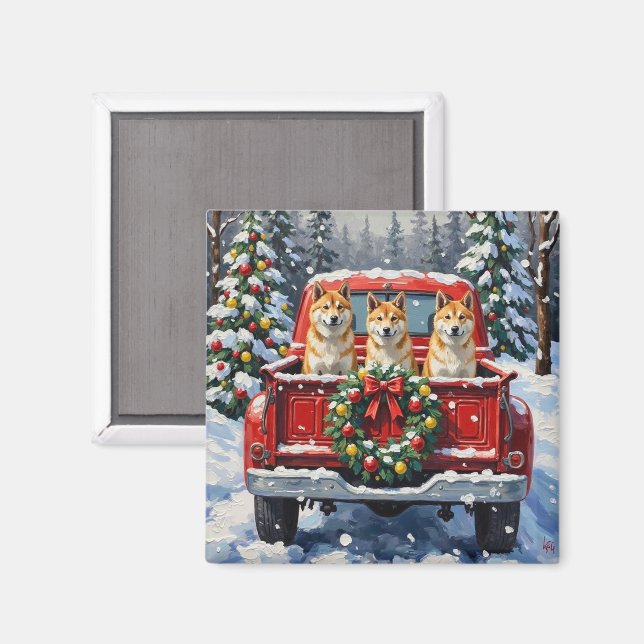 Imán Akita Christmas Red Truck Holiday (Anverso/Reverso)