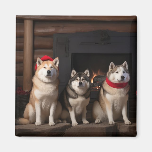 Imán Akita junto a la chimenea Navidad (Frente)