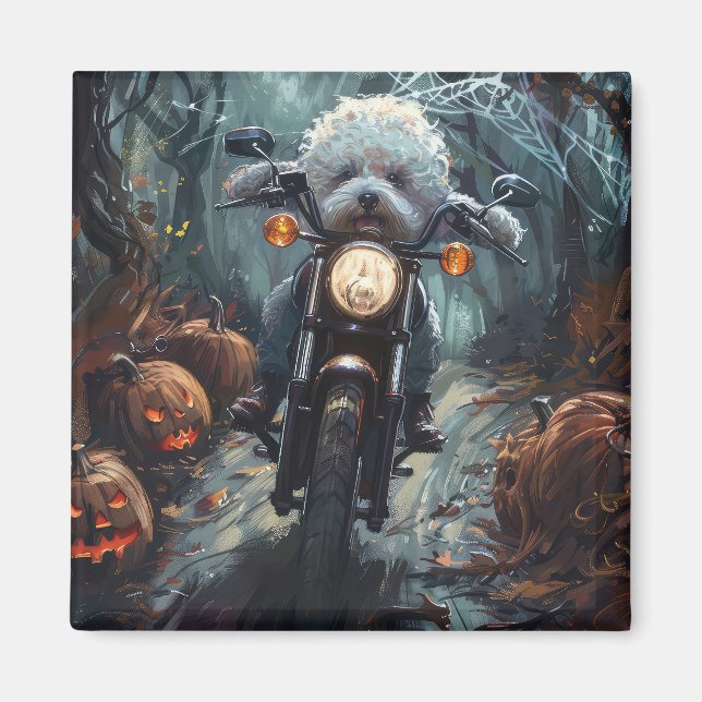 Imán Alarma de Halloween en moto de Bichon Frise Riendo (Frente)