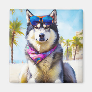 Imán Alaska Malamute en la playa, regalo de verano