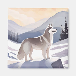 Imán Alaskan Husky | Dog Mountain Watercolor