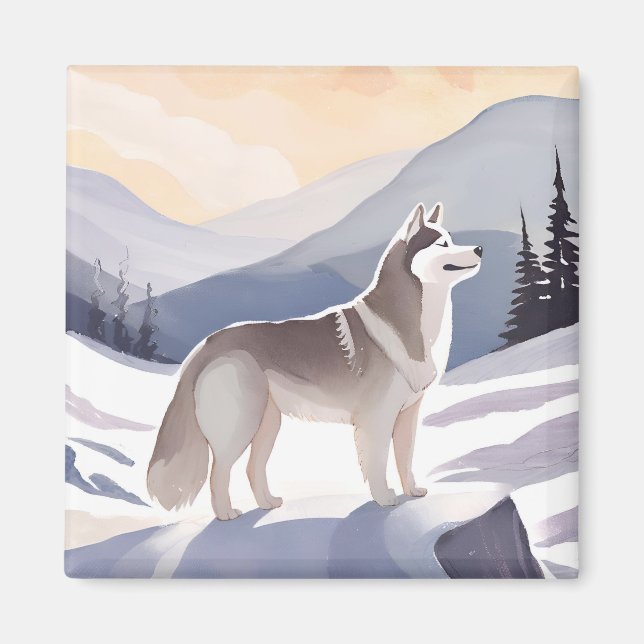 Imán Alaskan Husky | Dog Mountain Watercolor (Frente)