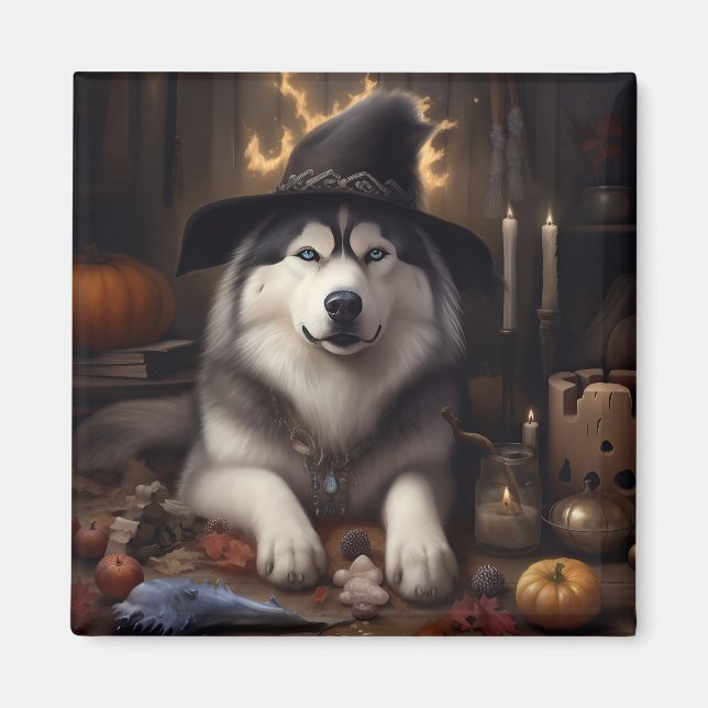 Imán Alaskan Malamute calza calabazas de Halloween (Frente)