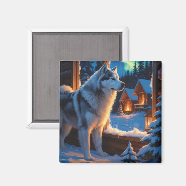 Imán Alaskan Malamute Con Luces De Navidad Fiesta  (Anverso/Reverso)