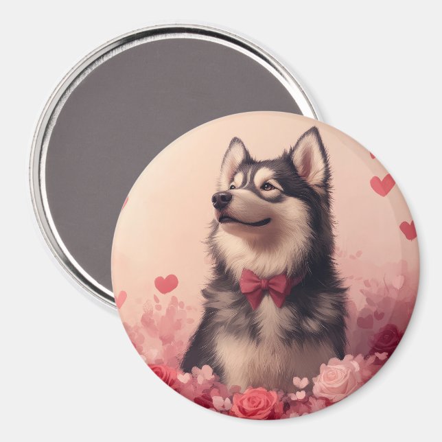 Imán Alaskan Malamute con Rosas - Día de San Valentín  (Anverso/Reverso)