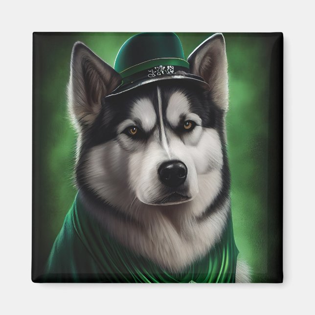 Imán Alaskan Malamute dog in St. Patrick's Day Dress (Frente)