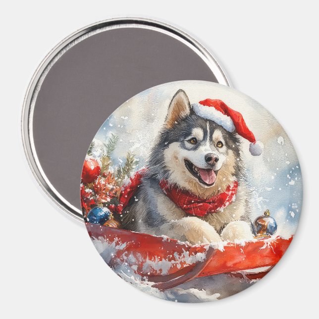 Imán Alaskan Malamute en Trineo Deja que nieve Navidad (Anverso/Reverso)