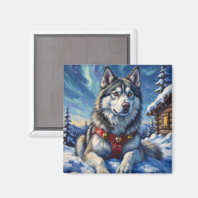 Imán Alaskan Malamute North Pole Winter Christmas (Anverso/Reverso)