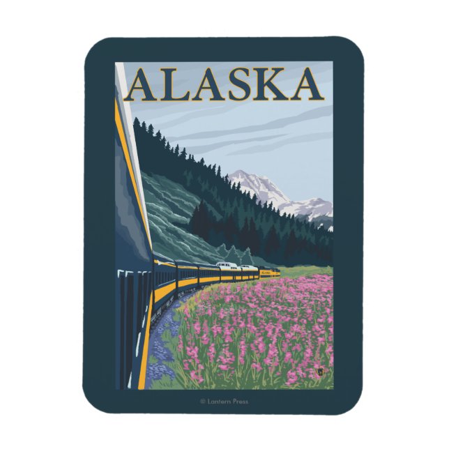 Imán AlaskaRailroad y Fireweed Vintage Travel (Vertical)