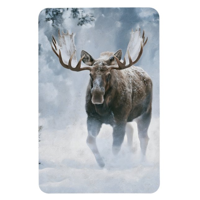 Imán Alce Macho Caminando a Través de la Nieve Boreal (Vertical)
