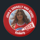 Imán Alegre del espíritu del instituto de fotos de anim<br><div class="desc">Este genial regalo de fotos de animadores de secundaria personalizado incluye tipografía blanca de tu equipo y nombre de jugador en un imán rojo con un megáfono de vítores. Personalice con la fotografía de su estudiante y el año de clase como un orgulloso padre animador. Un gran regalo para mamá...</div>