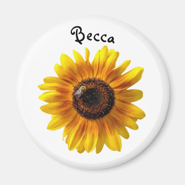 Imán Alegre girasol amarillo con abeja personalizada (Frente)