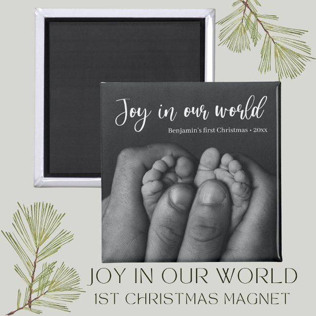 Imán "Alegria en nuestro mundo" Primera Navidad del beb (joy in our world photo Christmas magnet babys first christmas holiday gift)