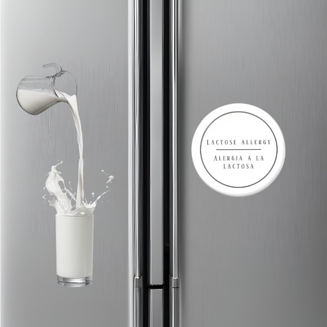 Imán Alergia a la lactosa bilingüe negra y blanca (Bilingual lactose allergy warning magnet, Spanish custom text & name Multilingual project)