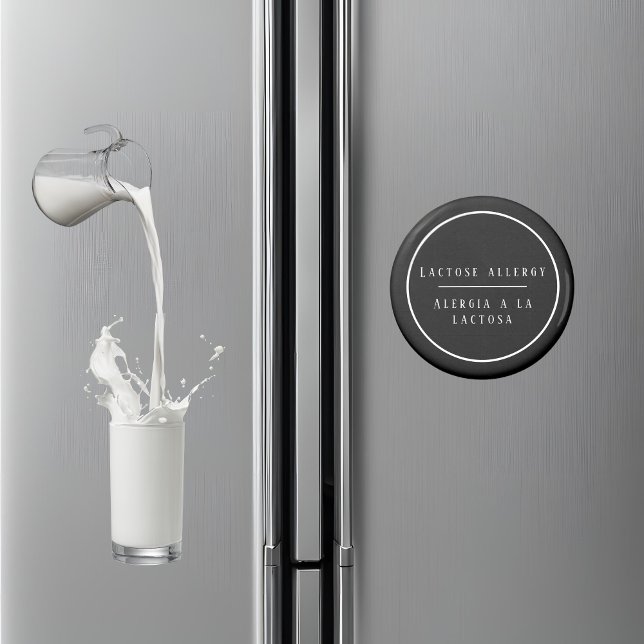 Imán Alergia a la lactosa bilingüe negra y blanca (Bilingual lactose allergy warning magnet, Spanish custom text & name Multilingual project)